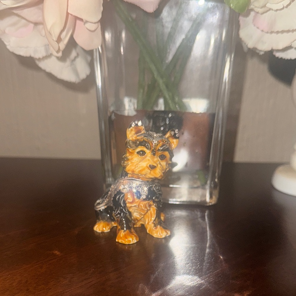 Handcrafted metal Dog Figurine jewelry box  - Black and Orange